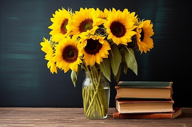 Sunflowers in a vase with a chalkboard background