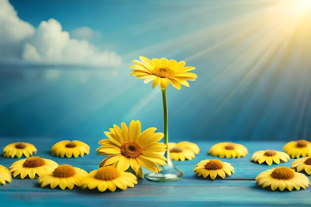 Sunflowers in a vase with sunflowers on a blue background
