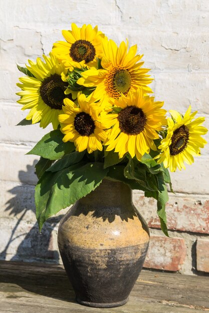 Sunflowers in vintage clay jug on rustic wooden table against white brick wall