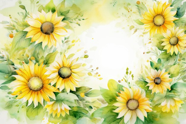 Sunflowers with green leaves watercolor painting