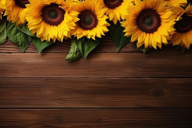 Sunflowers On The Wooden Background Flat Lay Autumn ai generated