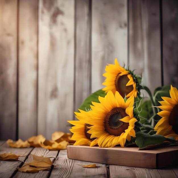 Foto girasoli su un tavolo di legno con uno sfondo di legno