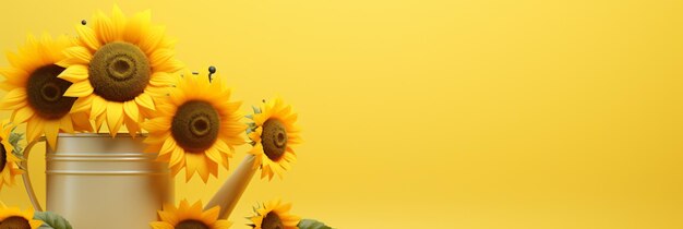 Sunflowers in yellow watering can on yellow background