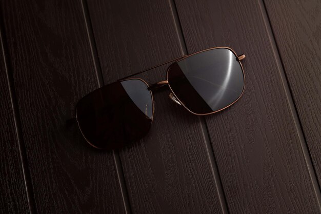 Sunglass on brown textured wood table with dark background