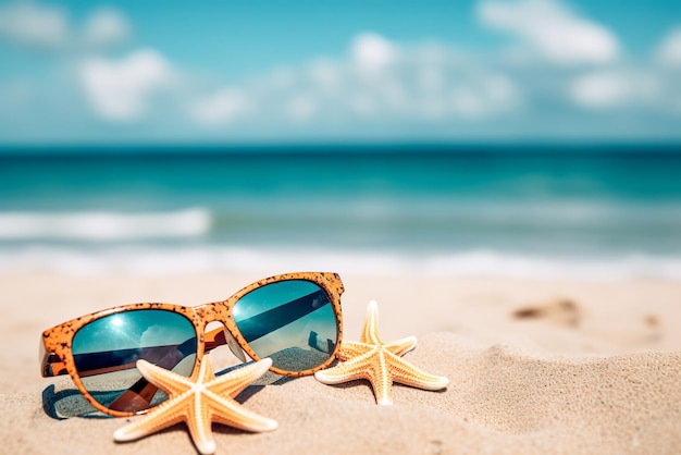 Фото Солнцезащитные очки и морские звезды на пляже. картинки в стиле винтажного эффекта. генеративный ai.