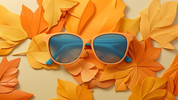 Sunglasses and autumn leaves on yellow background