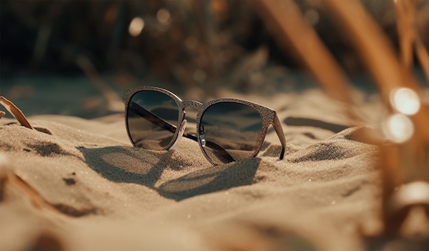 Sunglasses on the beach Selective focus nature