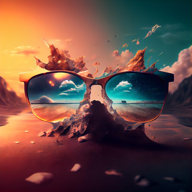 Sunglasses on the beach at sunset 3d render