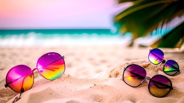 Sunglasses on a beach with a palm tree in the background