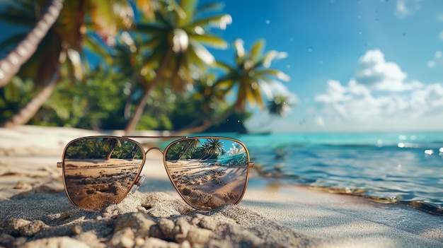 солнцезащитные очки на пляже с пальмами на заднем плане