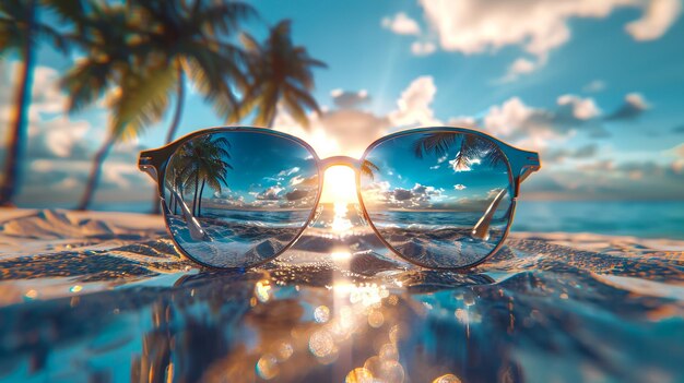 Photo sunglasses on a beach with palm trees in the background