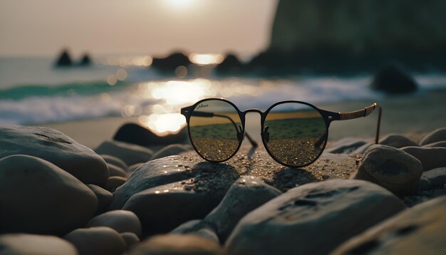 Sunglasses on a beach with the sun reflecting on them