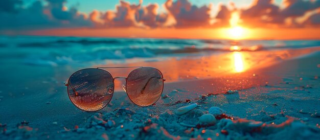 Photo sunglasses on the beach with the sun behind them