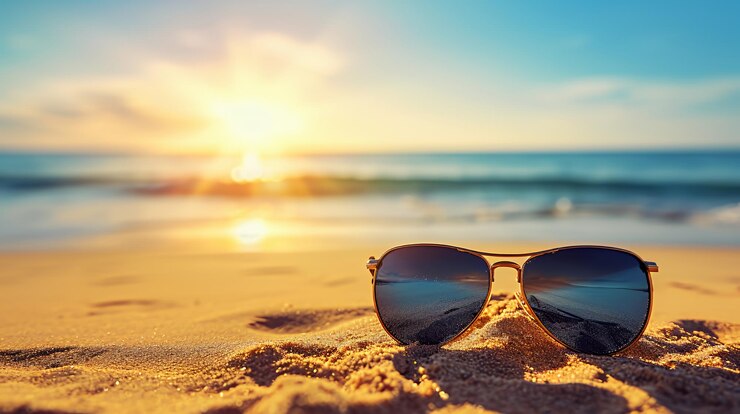 Photo sunglasses on a beach with sunset in the background
