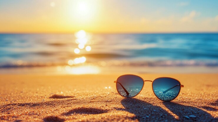 Photo sunglasses on the beach with sunset background
