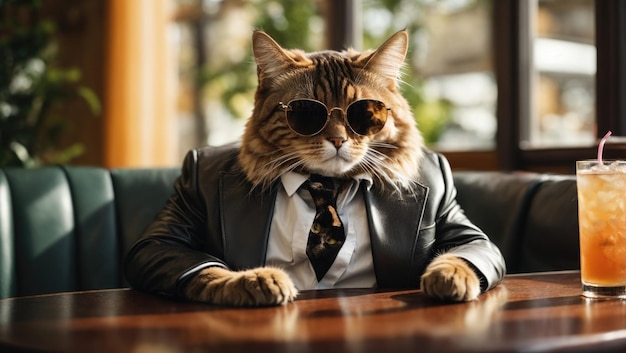 Photo sunglasses cat a cool drink at the table