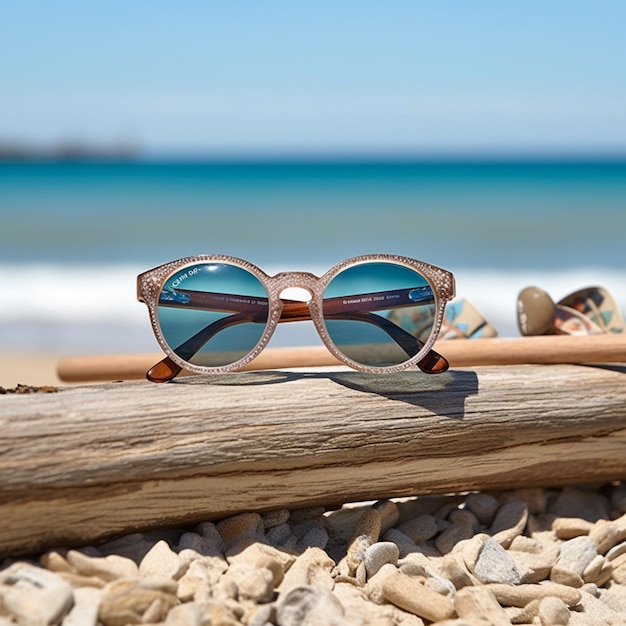 Sunglasses and a cigar on a beach with a blue sky generative ai