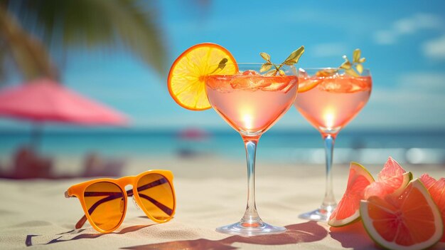 Sunglasses and cocktail on the sand at the beach