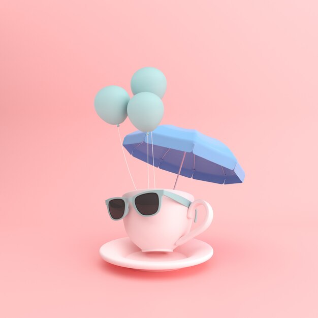 Солнцезащитные очки на чашке кофе с зонтиком и воздушными шарами, минимальная концепция. 3D-рендеринг.