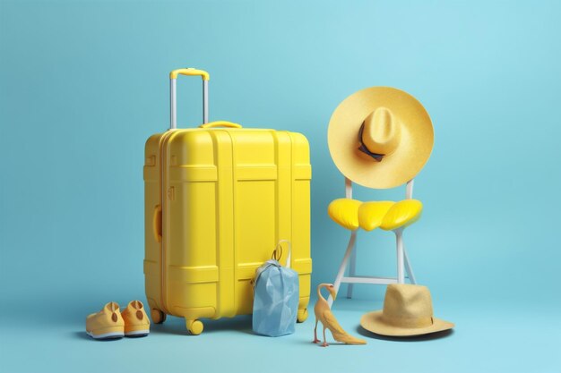 Sunglasses colorful concept travel background summer yellow suitcase flamingo vacation blue Generative AI