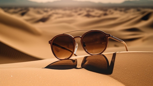 Sunglasses in the desert with a sunset in the background