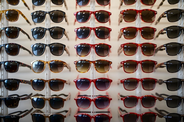 Sunglasses on display rack offer variety in eyewear selection