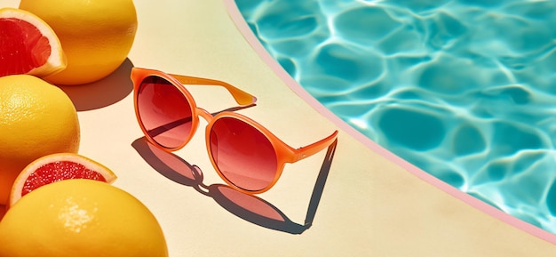 Sunglasses and grapefruit beside a swimming pool Created with Generative AI technology