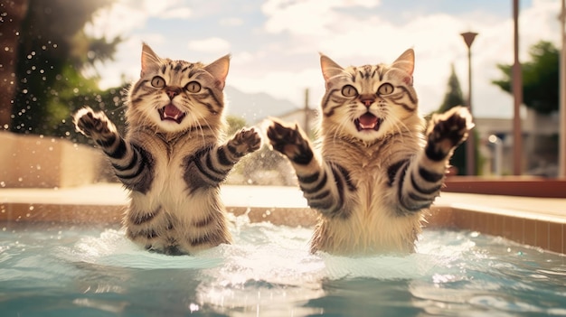 Sunglasses Happy Cute Two Cats Jump Moment On Pool Generative AI