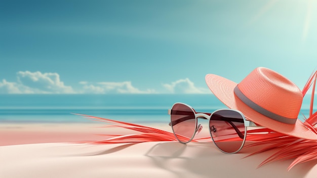 Sunglasses and hat on a beach with a blue sky and clouds generative ai