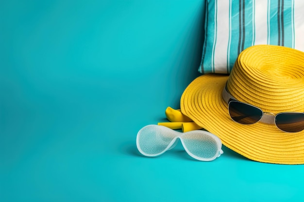 Sunglasses and hat in a light background Travel concept