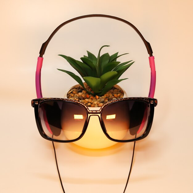 Photo sunglasses and headphones in golden light on plant in pot rest concept and relaxation