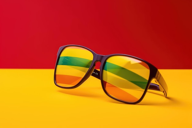 Sunglasses and lgbtq community flag colors on yellow background ai