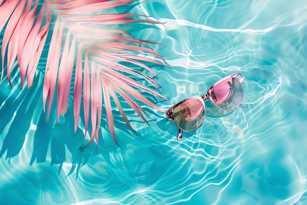 Foto occhiali da sole sdraiati sull'acqua nella piscina foglia di palma sullo sfondo