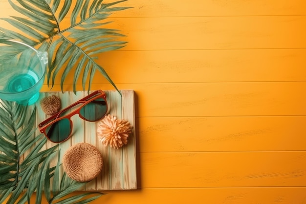 Солнцезащитные очки, пальмовые листья и пальмовый лист на желтом фоне