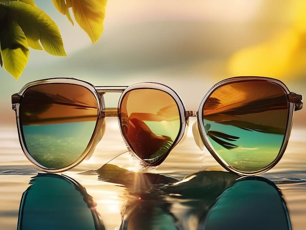 太陽の光を反射するサングラスは,夏の自然の優雅さと白人民族です.