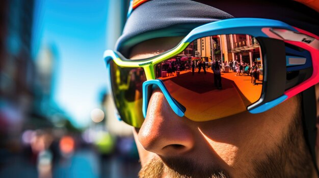Sunglasses reflecting city colors