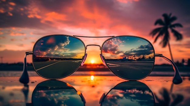 Photo sunglasses reflecting a stunning sunset