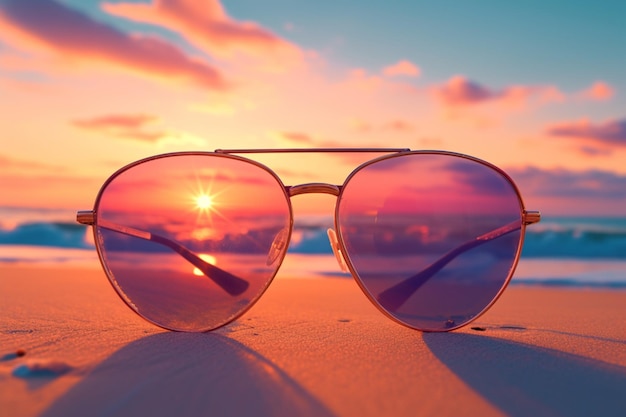 Sunglasses rest on sandy beach framing vibrant ocean sunset