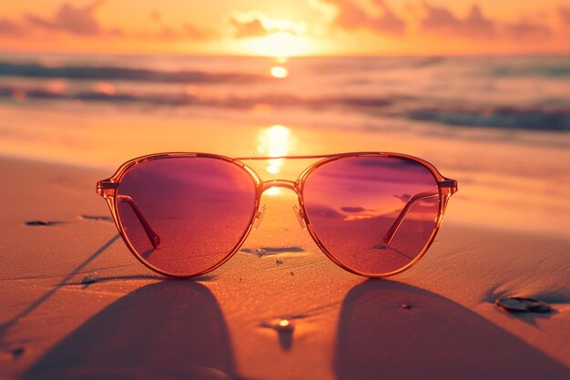 Sunglasses rest on sandy beach framing vibrant ocean sunset