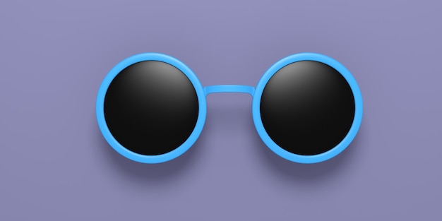 Sunglasses round blue metallic with black lens isolated on a blue purple background 3d illustration