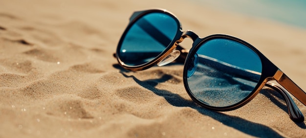 Sunglasses on the sand of a beach with a blue reflection generative ai