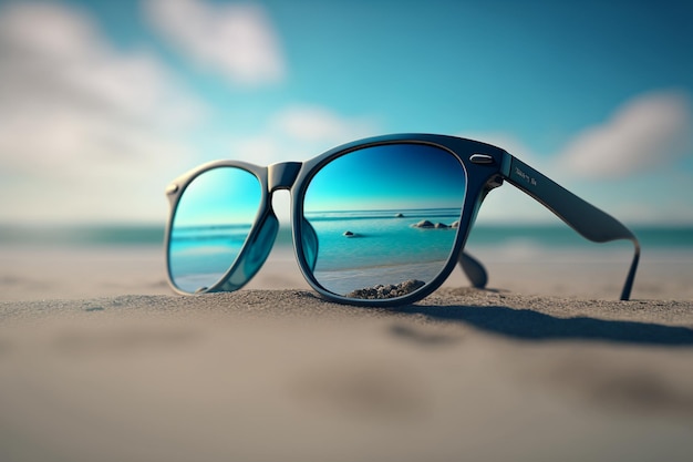 Sunglasses on the sand of a beach with a blue sky in the background generative ai