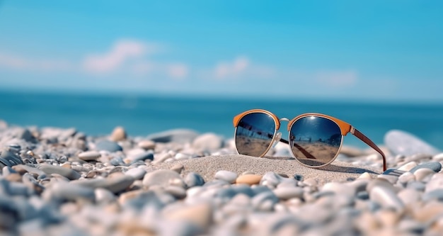 Sunglasses on sand at summer beach with sunshine holiday vacation background