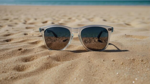 Sunglasses on sandy beach background