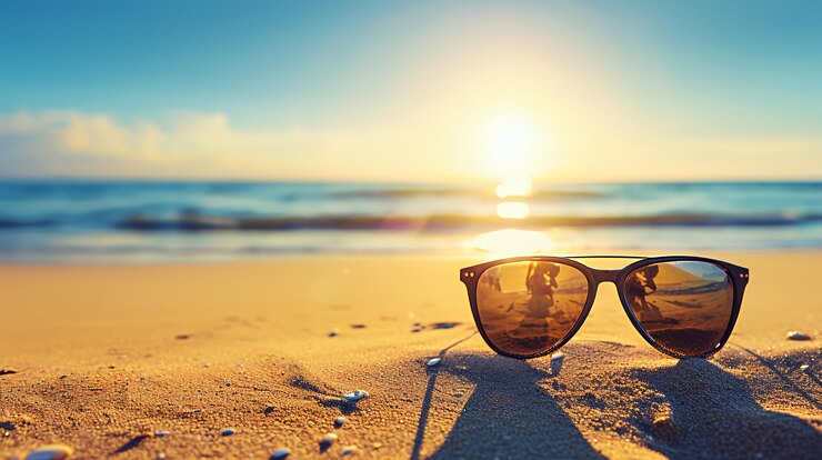 Photo sunglasses on a sandy beach with a sunset in the background