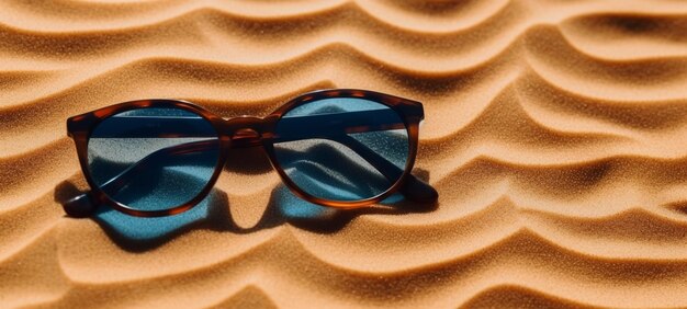 Sunglasses on a sandy surface with a blue lens generative ai