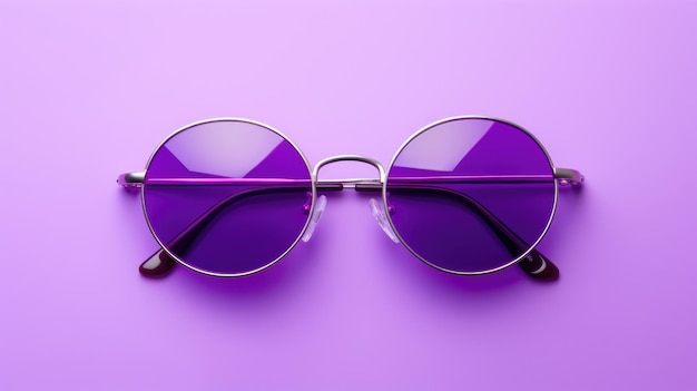 紫色の背景に水滴の形をしたサングラスがミニマリズムに横たわっている