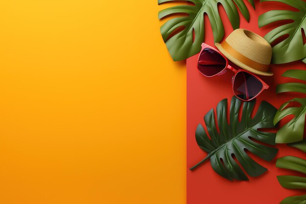 Sunglasses, sunglasses and a hat on a bright orange background