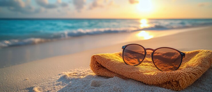 Photo sunglasses on towel at sunset beach
