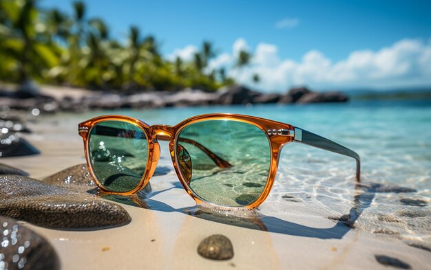 Sunglasses and tranquility on a sandy beach with turquoise water